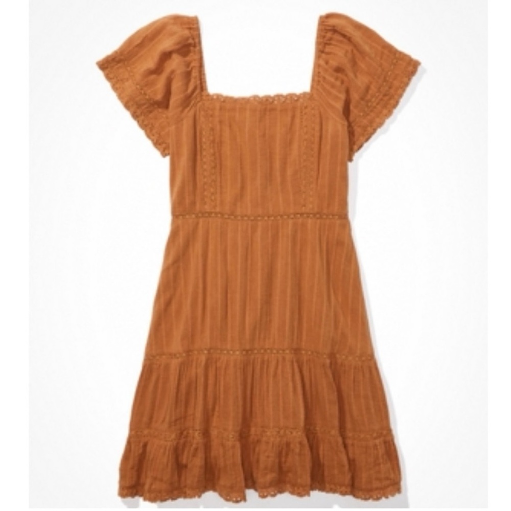 NWT American Eagle Outfitters Boho Smocked Peasant Dress in carame